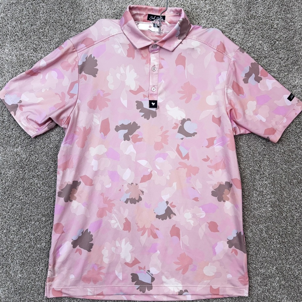 Bad Birdie Polo Shirt Mens Medium Pink Floral Camo Short Sleeve Golf EUC
